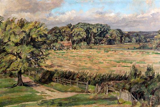 Percy Horton (1897-1970) Sussex farm at harvest time 17 x 25.5in.